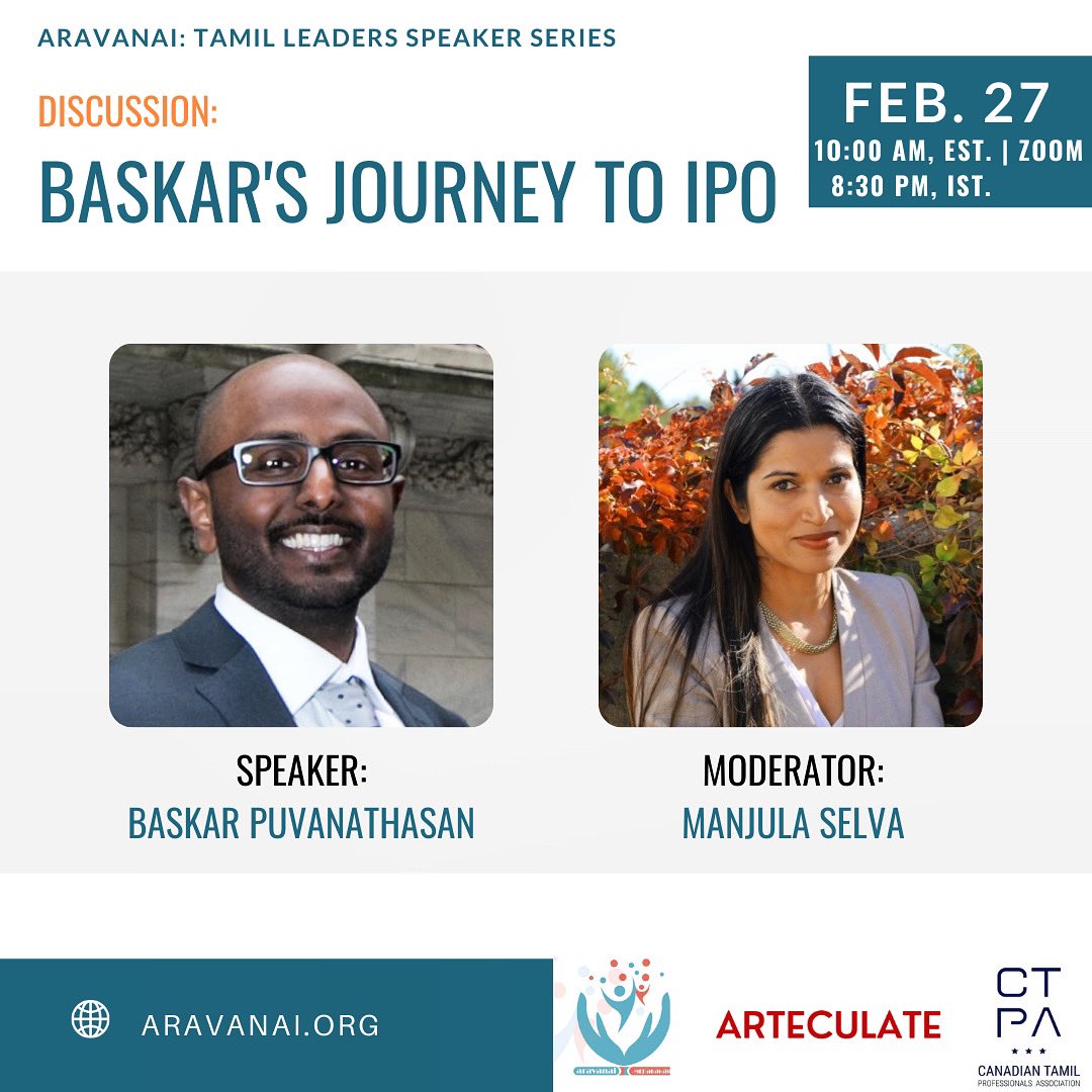 aravanaicanada's tweet photo. Launching our first event for 2021! 
Manjula, a journalist from CBC and co-founder of Tamil Women Rising, will be moderating our first call with Baskar, the co-founder of PagerDuty. From being born in Jaffna, to how he founded a successful billion dollar company!
Link in Bio. https://t.co/EuVwkt0X3Y