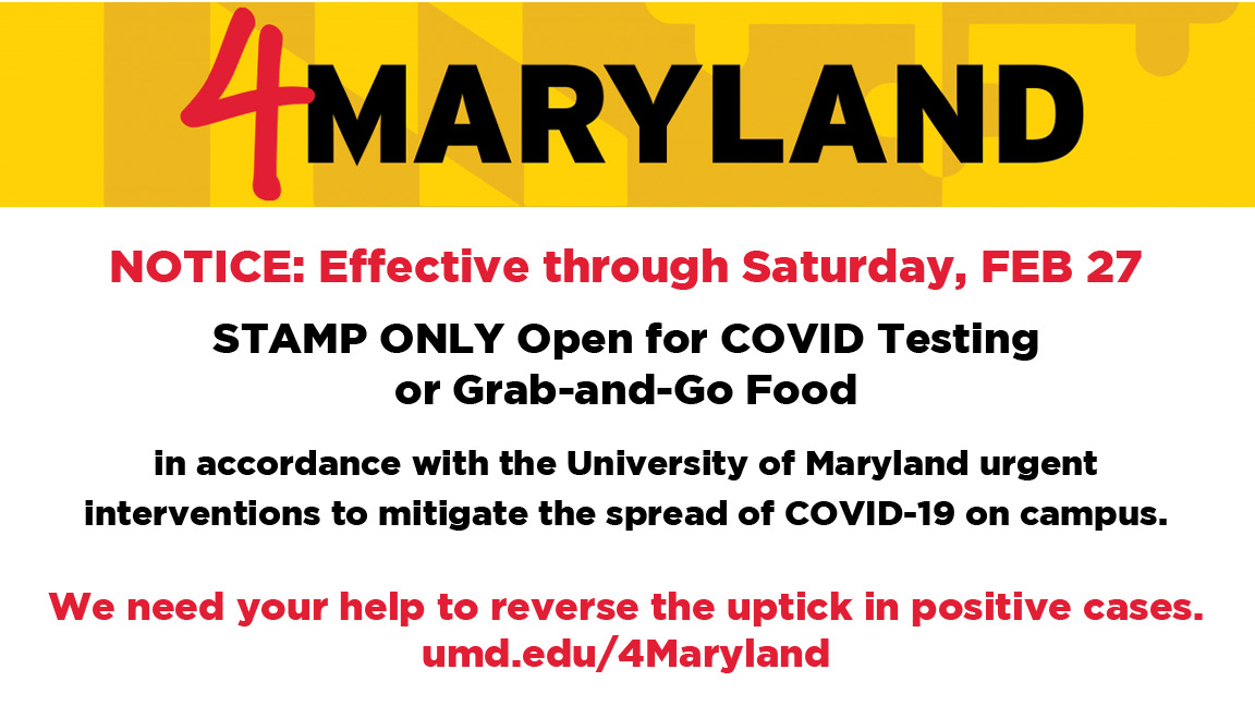 thestampumd's tweet photo. ‼️ STAMP UPDATE ‼️
Due to the recent increase in positive COVID-19 test results, through Sat, 2/27, STAMP will be open for testing and grab &amp; go dining ONLY. STAMP's building hours (and those of our food vendors) have altered. Through Saturday, February 27, they will be: https://t.co/SEB2ocsuz6