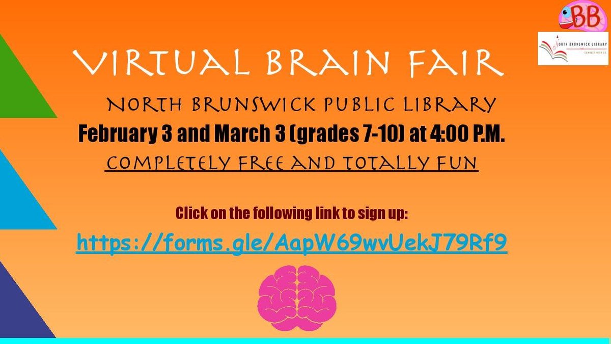 North Brunswick Library (@nobrunslibrary) on Twitter photo Teens of NBT: On March 3 at 4PM, <a href="/TheBrainBunch/">Brain Bunch</a> is back at <a href="/NoBrunsLibrary/">North Brunswick Library</a>! Join Siddhant online for a brand new fun & engaging program exploring your #brain. Watch your #mind melt watching illusions or smelling delicious foods.
Sign up at: docs.google.com/forms/d/e/1FAI… Teens of NBT: On March 3 at 4PM, <a href="/TheBrainBunch/">Brain Bunch</a> is back at <a href="/NoBrunsLibrary/">North Brunswick Library</a>! Join Siddhant online for a brand new fun & engaging program exploring your #brain. Watch your #mind melt watching illusions or smelling delicious foods.
Sign up at: docs.google.com/forms/d/e/1FAI…