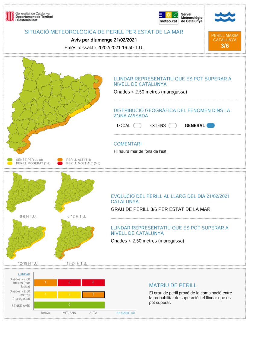 meteocat's tweet photo. ⚠ Situació Meteorològica de Perill (#SMP) vent i mar ⚠
🌬Vent
➡Ratxa màxima > 20m/s
➡DG 6:00 h - DL 6:00 h. T.U.
➡Grau de perill màx 🟡 1/6
🌊Mar
➡Possibilitat d'onades > 2,5 m
➡DG 06:00 h - DL 24:00 h. T.U.
➡Grau de perill màx 🟠 3/6 https://t.co/dDLvpXWyL8