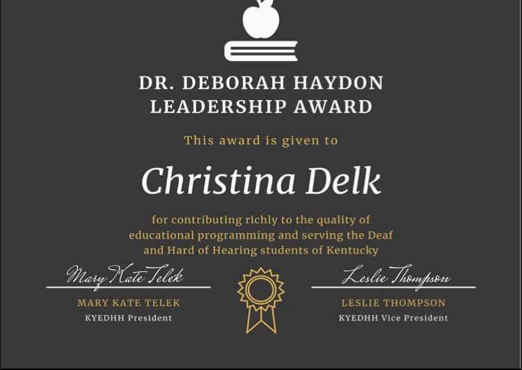 We’re beyond thrilled to announce this years Dr.Deborah Haydon Leadership Award to <a href="/DelkChristina/">Christina delk</a>. This award is presented for contributing richly to the quality of educational programming and serving the Deaf and hard of hearing students of Kentucky! 🤟 Congratulations, Christy!