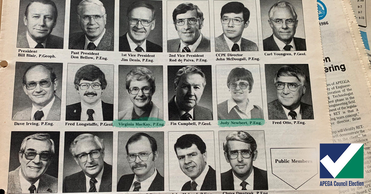 APEGA_AB's tweet photo. DYK that Virginia MacKay (P.Eng.) and Judy Newbert (P.Eng.) were the first women to serve on APEGA Council, and they were elected in 1986? We’ve come a long way; vote for a strong diverse council to lead us into the next century. #APEGAElection #iVoted https://t.co/H3JotWGKim https://t.co/H4ysYPGAVC