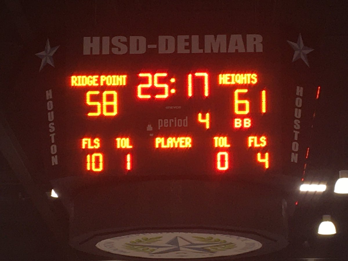 HouSportsLeader's tweet photo. Final here from HISD’s Delmar Fieldhouse: @HeightsGBBall gets the 61-58 area round win over Ridge Point, advancing to a Class 6A regional quarterfinal for the second straight season. https://t.co/ifik2WDskq