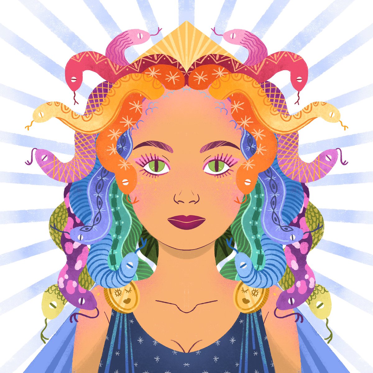 I’m so terrible at updating my social media, even though I know it’s so easy, so it’s my resolution this year to do more on both! To kick it off is a very colorful portrait of Medusa. ✨🐍 #greekmythology #DigitalArtist #digitalpainting #illustration #Medusa #snakes #rainbows