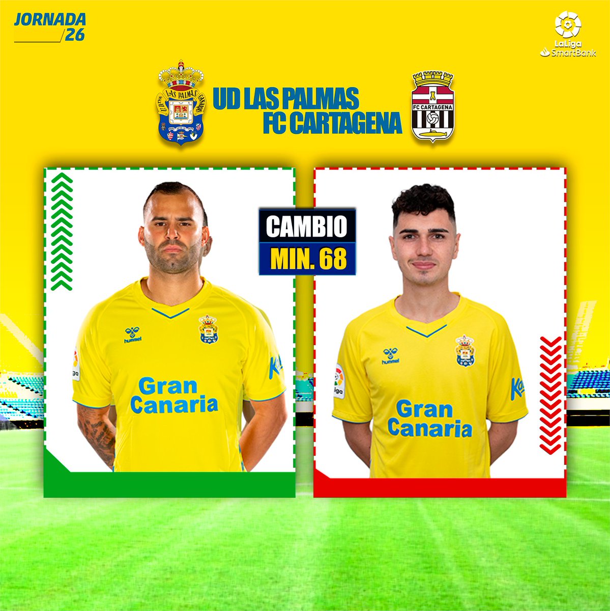 UDLP_Oficial's tweet photo. ⏱️ 68' | Cambio en nuestro equipo. 

🔺 Entra @JeseRodriguez10 
🔻 Sale @rafamujica9 

#LasPalmasCartagena (2-0) #VamosUD https://t.co/DRPsnvZ9HV