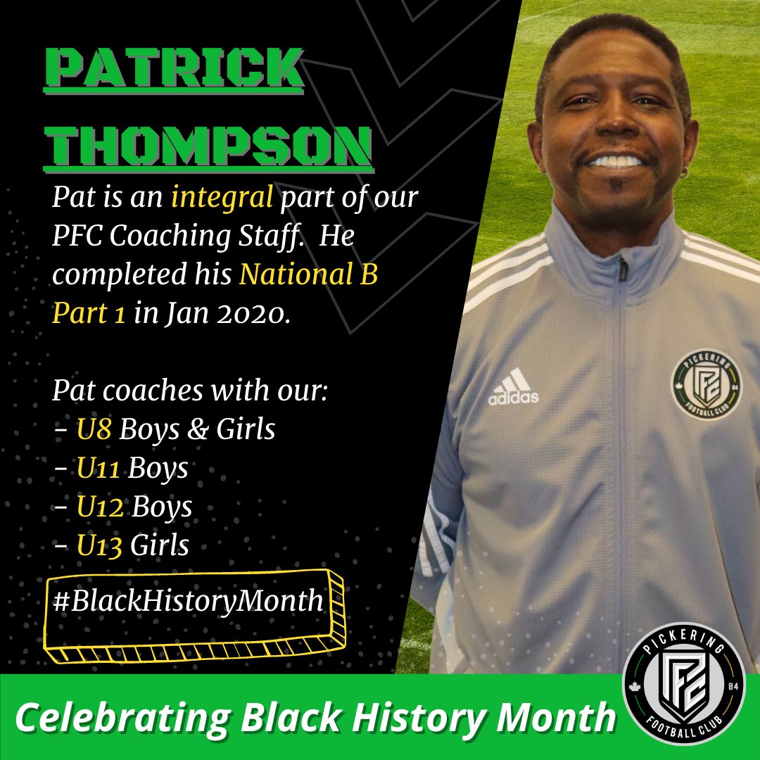 In honour of #BlackHistoryMonth, PFC would like to celebrate some of the club's amazing Black Coaches. 

Pat is an integral part of our PFC Coaching Staff and he completed his National B Part 1 in Jan 2020. Pat coaches with our U8 B &amp; G, U11B, U12B, &amp; U13G!

#PFCProud #PFCBHM