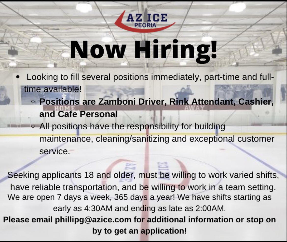 We are hiring for multiple positions! Come check it out or shoot an email to phillipg@azice.com ! #azicepeoria #skatingisfun #skatehard #workhardplayhard #beattheheat #hockey #skating #jobopportunities