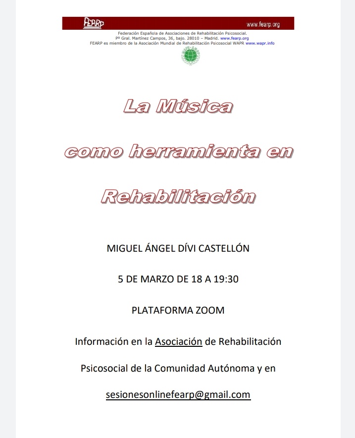 El próximo 5 de marzo comienzan las sesiones técnicas de la @FEARP_Oficial. Desde la aarp lanzamos está primera propuesta de <a href="/MiguelDivi/">Miguel Ángel Diví</a> sobre la música como herramienta de rehabilitación. #musicoterapia #SaludMental #cincomarzada