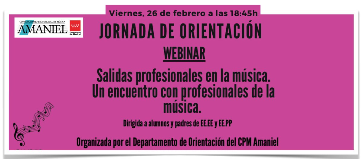 ¿Quieres conocer más salidas profesionales en torno a la música? Te esperamos en la Jornada Salidas Profesionales de la Música. Un encuentro con profesionales de la música.

Viernes 26 de febrero a las 18:45 h.

Webinar meet.google.com/gth-srwj-bvc