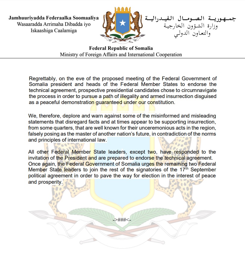 The Federal Government of Somalia welcomes the concern shown by our brotherly nations and regional bodies to which #Somalia is a member, who have released statements on the present political stalemate regarding the implementation of the election.
🔗➡️mfa.gov.so/wp-content/upl…