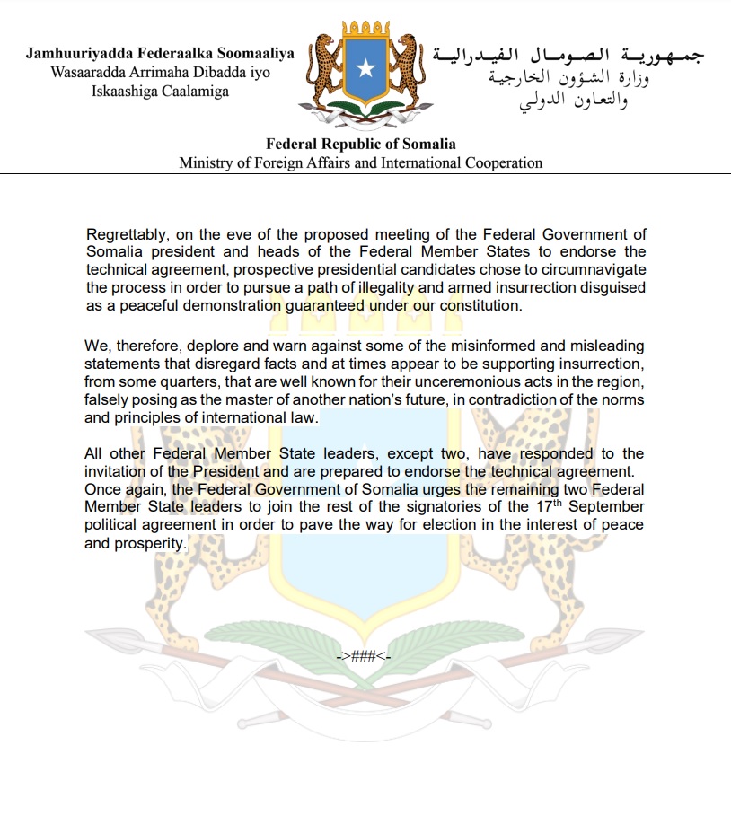The Federal Government of Somalia welcomes the concern shown by our brotherly nations and regional bodies to which #Somalia is a member, who have released statements on the present political stalemate regarding the implementation of the election. 🔗➡️mfa.gov.so/wp-content/upl…
