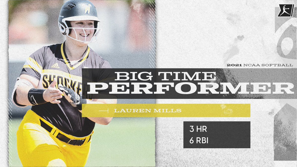 NCAASoftball's tweet photo. Magic Mills ✨

@SouthPaw36_LoLo's bat was on fire Saturday, launching three home runs and driving in six RBI in @GoShockersSB's 19-0 win over Lamar, making her the only Shocker to go yard three times in a single game. 

#NCAASoftball https://t.co/zQoUUcQQrX