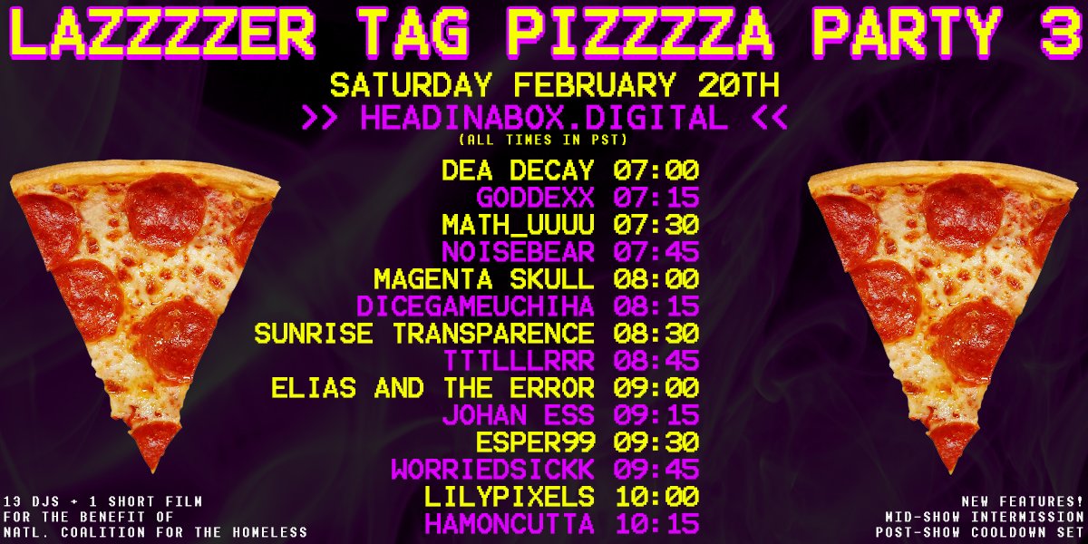 headinabox_'s tweet image. LAZZZZER TAG PIZZZZA PARTY 3 IS LIVE NOW!!!!

13 DJs + 1 musical short film to benefit @Ntl_Homeless 

GET IN HERE
&amp;gt;&amp;gt; headinabox.digital &amp;lt;&amp;lt;