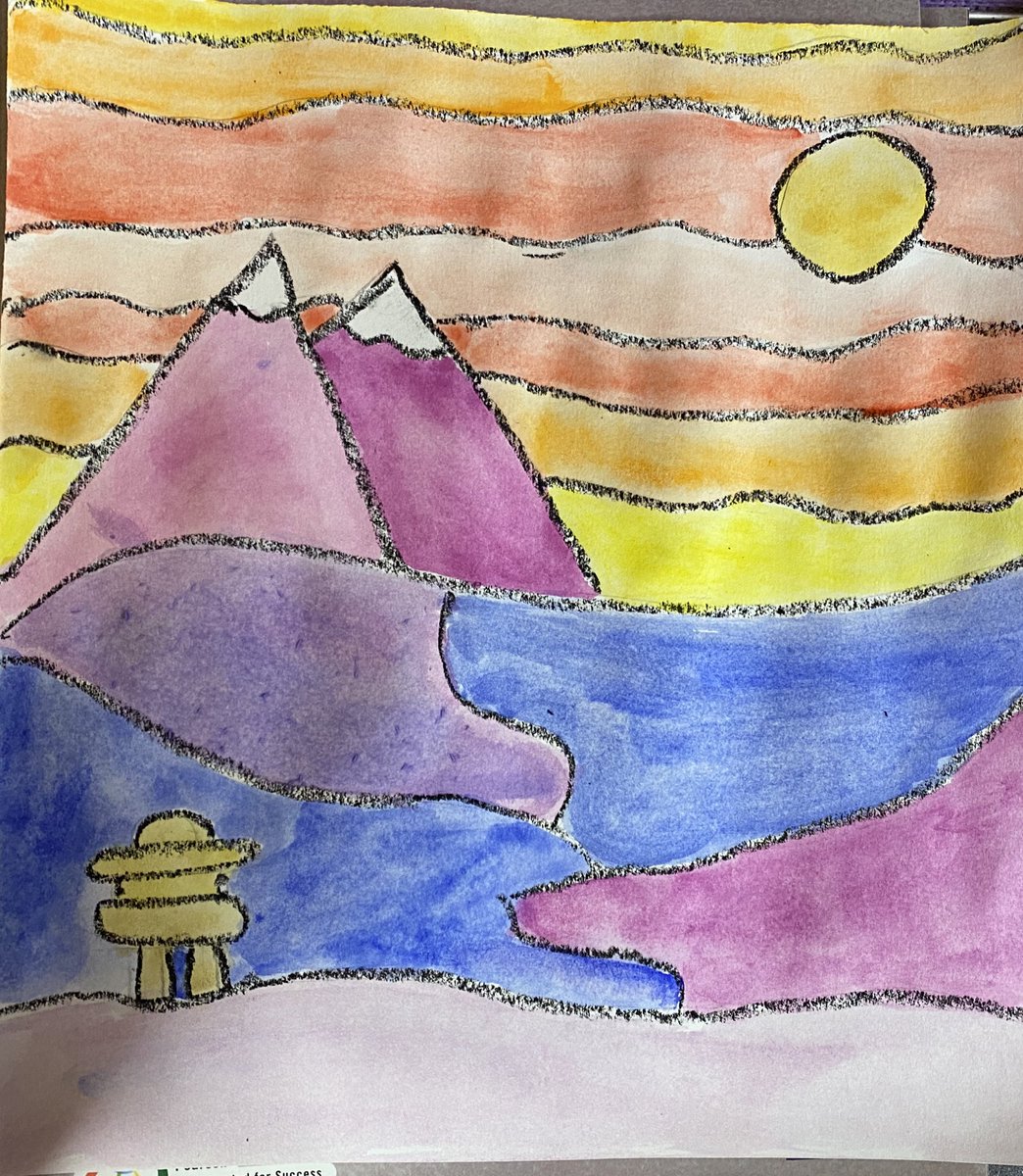MariahBTeaching's tweet photo. So impressed with this weeks art as we learnt about Ted Harrison and his representation of the Yukon landscapes! Tying into our fresh air Friday learning as we dipped our toes into the history of the Inuksuk. #sd27 #tedharrison 👩🏼‍🎨🧑🏼‍🎨 https://t.co/s7vm1hnWWe