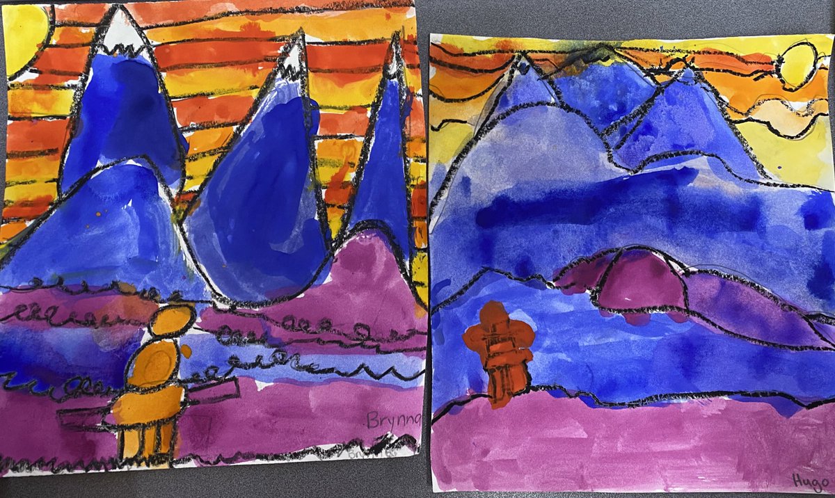 MariahBTeaching's tweet photo. So impressed with this weeks art as we learnt about Ted Harrison and his representation of the Yukon landscapes! Tying into our fresh air Friday learning as we dipped our toes into the history of the Inuksuk. #sd27 #tedharrison 👩🏼‍🎨🧑🏼‍🎨 https://t.co/s7vm1hnWWe