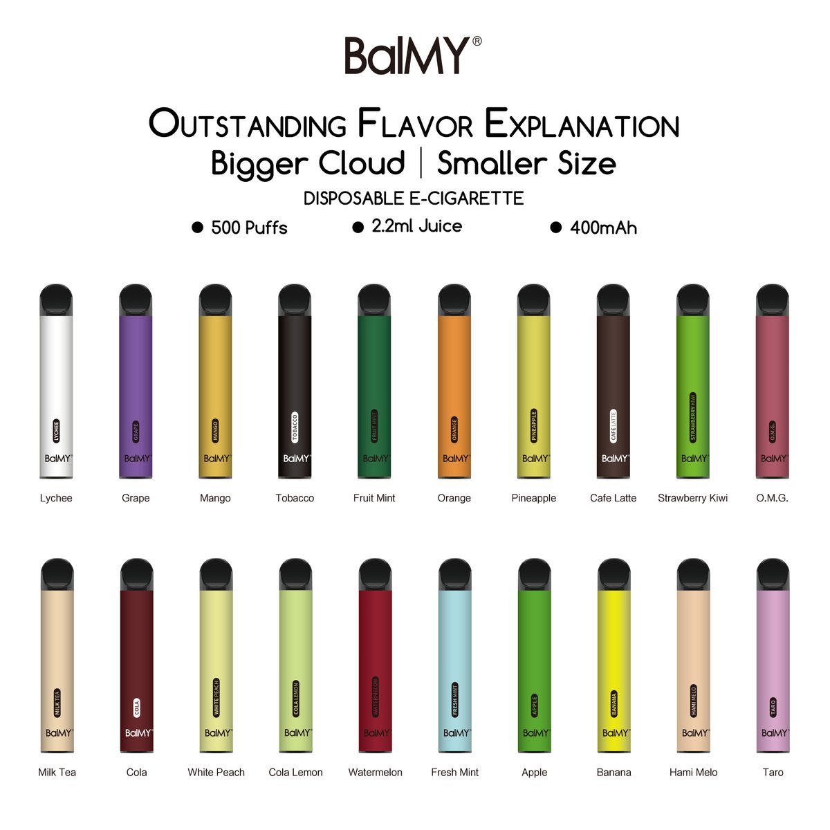 BalMY 500 disposable vape kit -Great Tastes -10 flavors available,80  flavors potential -2%,3%,5% and various strength options -Outstanding  flavors explanation -Smaller size -Great humidity -2.2 ml juice,400 mah  ,500 puffs -Customized Flavor &Strength 