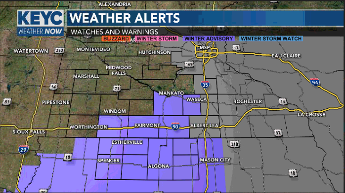 Winter weather advisory starts at 6 am Sunday and goest til 6 pm Sunday for southern Minnesota and northern Iowa. Snowfall totals in the area will range form 1 to 4 inches. Join KEYC News Now at 6 for more details on tomorrow's winter weather. https://t.co/gfGtP3f1fZ