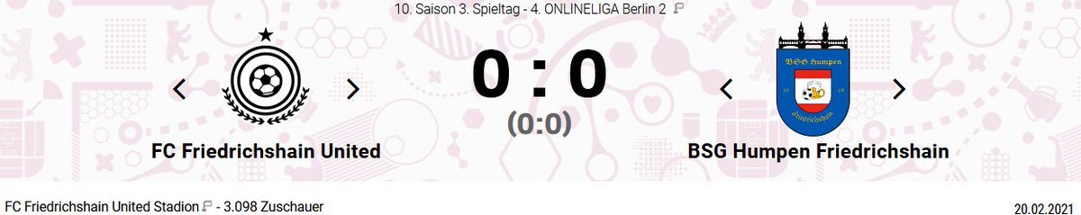 Drittes Spiel, drittes Unentschieden. Diesmal beim mittlerweile 11. Derby beim FC Friedrichshain United.

Langsam müssen wir mal in die Puschen kommen...