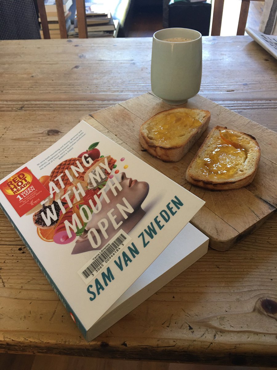 LibraryMelissa's tweet photo. Breakfast with @samvanzweden ‘s marvellous Eating with my mouth open. About the important things: comfort, family, illness, wellbeing. I loved the sections on food and memory, the way emotions are stored in the body. #yarralibraries #redhotreads #MGbooks2021 https://t.co/KmEspdghcx