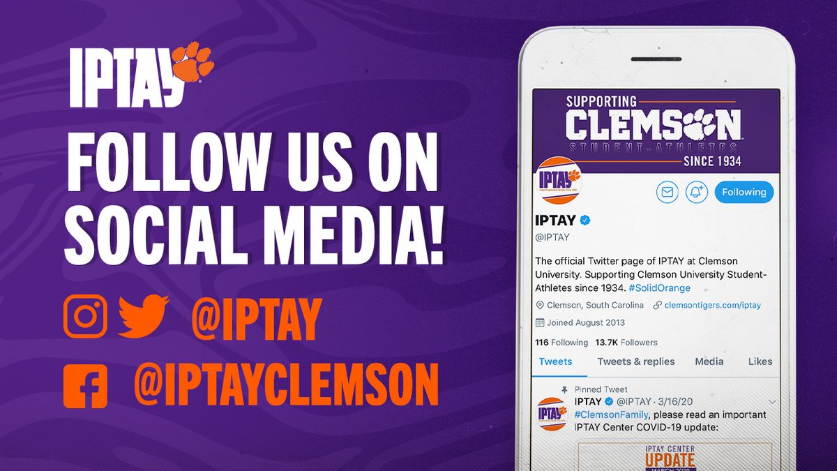 IPTAY's tweet photo. As we are about to start set 3 on #IPTAYDay for @ClemsonVB, make sure you take a minute to make sure you're following #IPTAY on all social media platforms!
Facebook: https://t.co/NsHGIOcLbO
Instagram: https://t.co/5T4bbOPQlw
🐅📱💻 https://t.co/hQu9B6BGIU