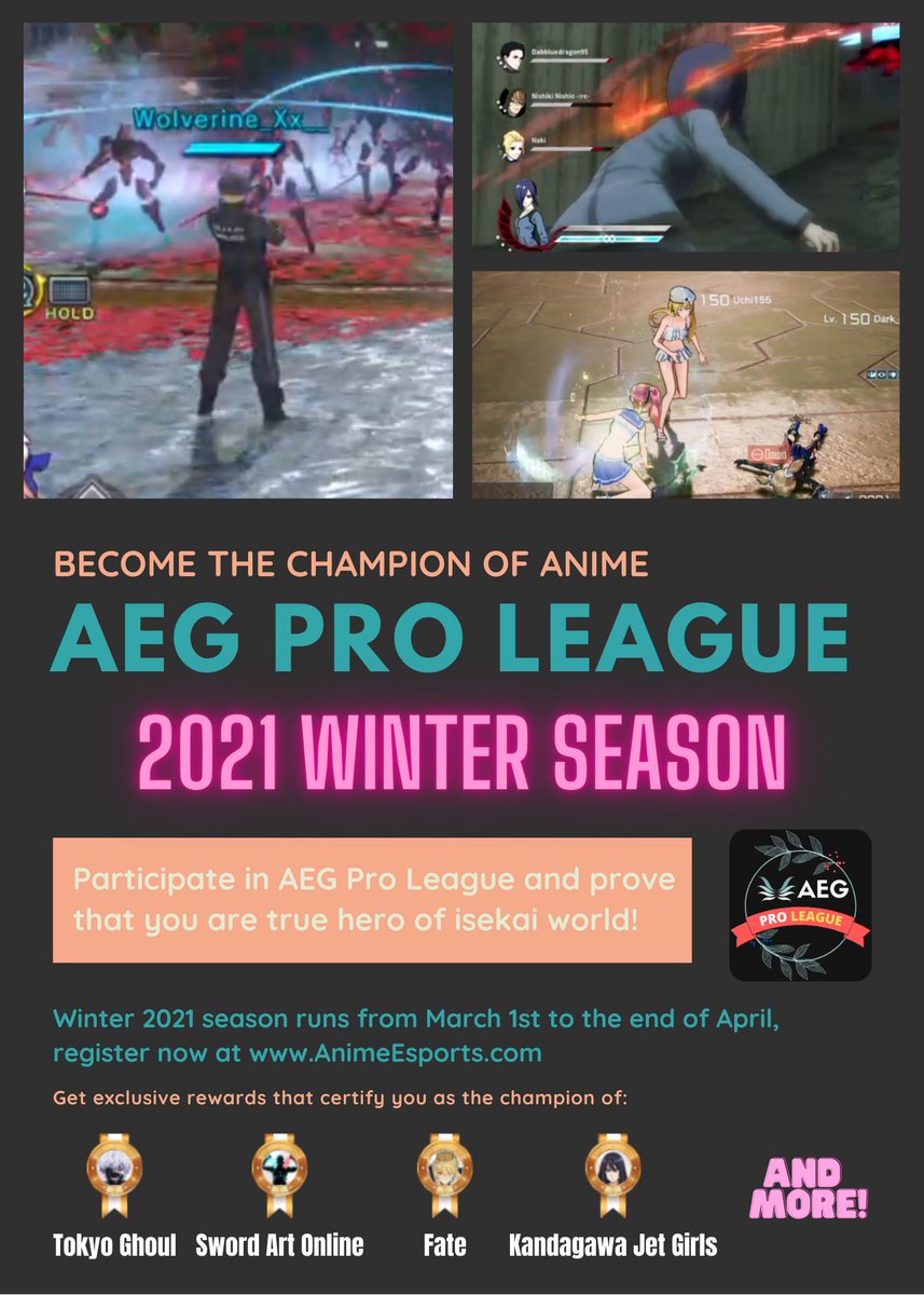 AEGclanSNS's tweet photo. Become the champion of anime by winning in AEG Pro League, Apply Now! https://t.co/NV3v6telM7

#anime #games #weeb #PS4 #PS5 #SwordArtOnline #TokyoGhoul #Fate #jetgirls #BlackClover #dragonscrown #animegames #esports #proleague #tournament #manga #AnimeAwards #videogames #gaming https://t.co/2LkpFPGzze