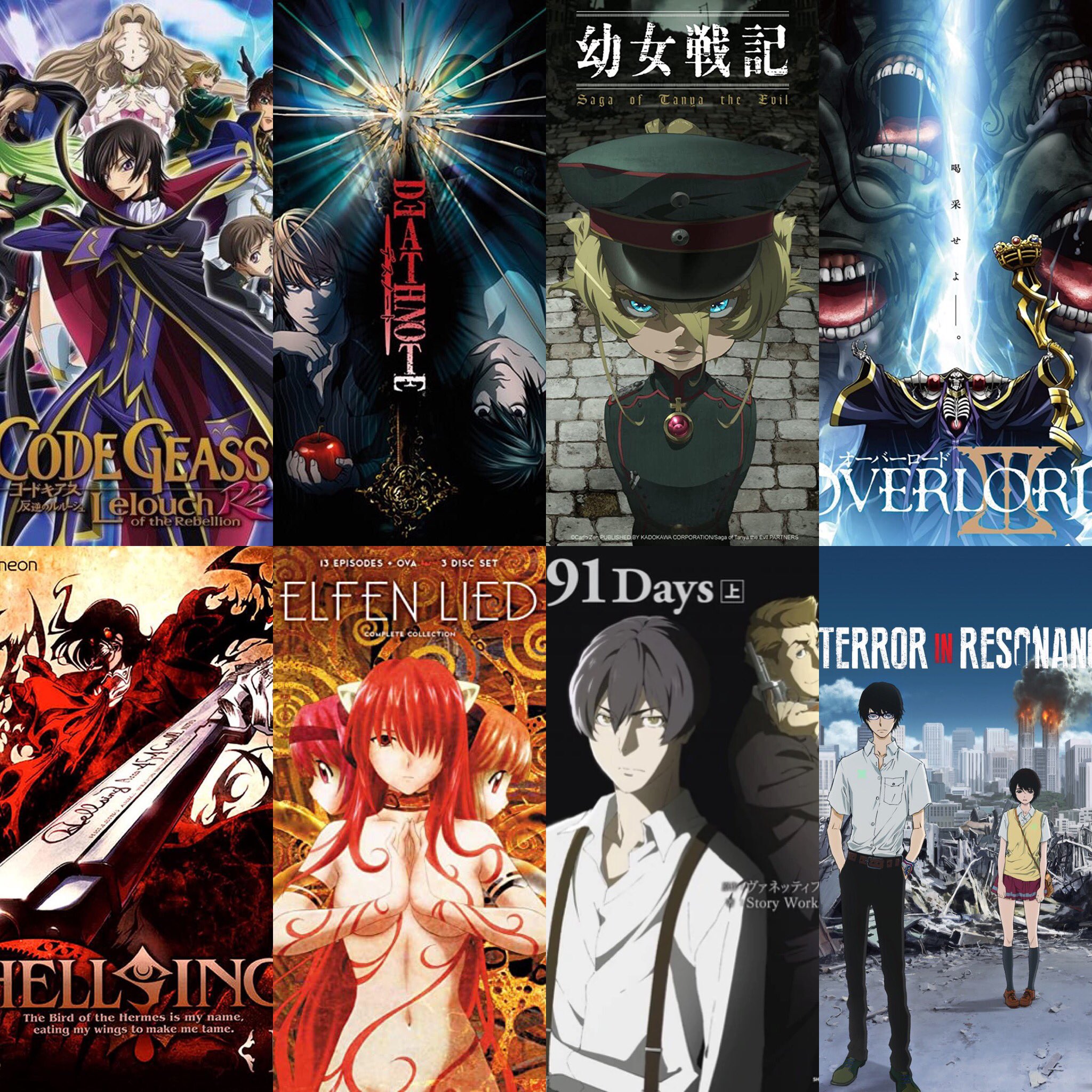 IG: @ theycallmenatsu on X: Animes where the villain is the main character  #codegeass #deathnote #elfenlied #HellsingUltimate #91days #Anitwt  #terrorofresonance #AniList #anime #sagaoftanyatheevil #OVERLORD #animation  #manga  / X