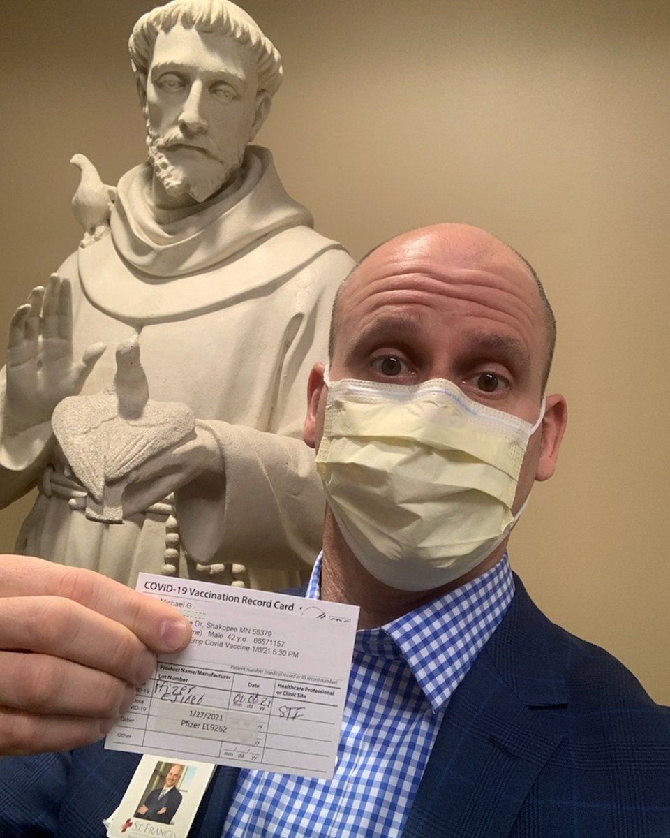 SFRMCShakopee's tweet photo. "Start by doing what is necessary, then do what is possible, and suddenly you are doing the impossible." - St. Francis of Assisi
Michael shows off his vaccination card after receiving his second dose at our employee vaccination clinic! #stopthepandemic #getvaccinated #STFstrong https://t.co/s1roylZ5yO