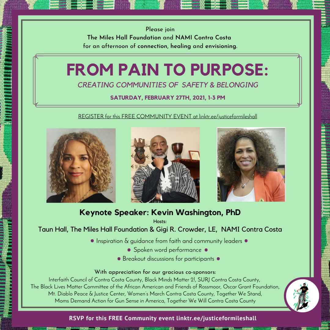 JusticeForMiles's tweet photo. Have you registered? #FromPaintoPurpose is NEXT SATURDAY! Hosted by The Miles Hall Foundation and @NAMIContraCosta this event addresses the potential for healing at the intersection of mental illness and the Black community. How do we collectively cultivate safety and belonging? https://t.co/ALpgSaTVZX