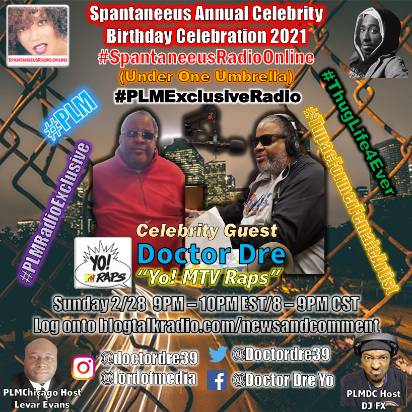 NewsCommentPod's tweet photo. #SpantaneeusRadioOnline is pleased to have the legendary @DoctorDre39 back for another #PLMRadioExclusive Sunday February 28th @ 9p ET/8p CT! Join us for this #SpantaneeusAnnualCelebrityBirthdayCelebration event! #Podcast #YoMTVRaps Hear it here> https://t.co/v0OWzkpGbr https://t.co/TV9d6MoM0E