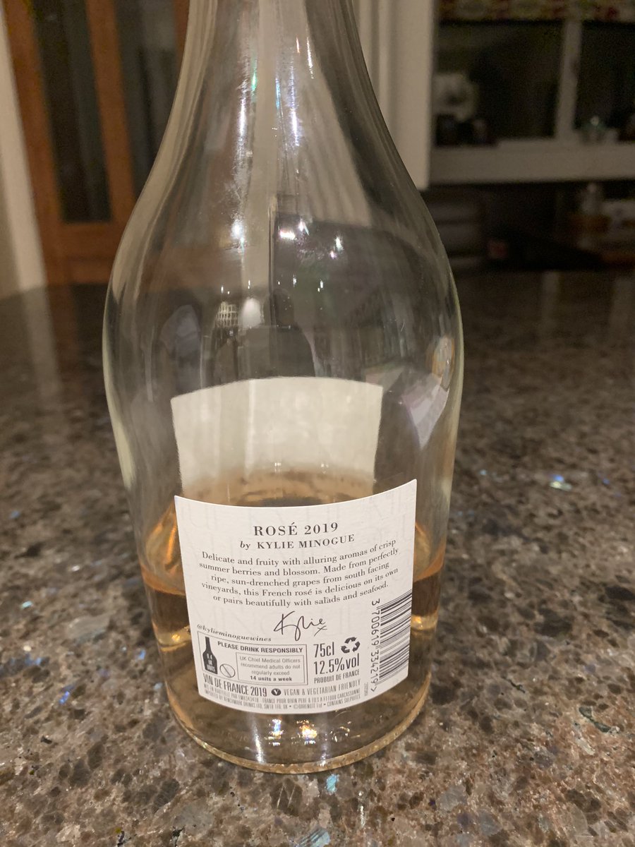 howpretentious's tweet photo. Wine #2 - don’t normally buy rose, actually quite nice, would love to drink this outside on a summer day - Kylie Minogue Rose 2019 French - cant believe it’s not Australian! https://t.co/RvIPq5ikd0