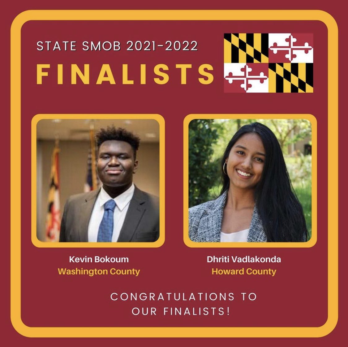 Hello everyone! I am beyond privileged and honored to announce that I was elected by the Maryland Association of Student Councils as one of the top two finalists to be sent to Governor Hogan for appointment to the Maryland SMOB position. #studentsfirst #hubpride