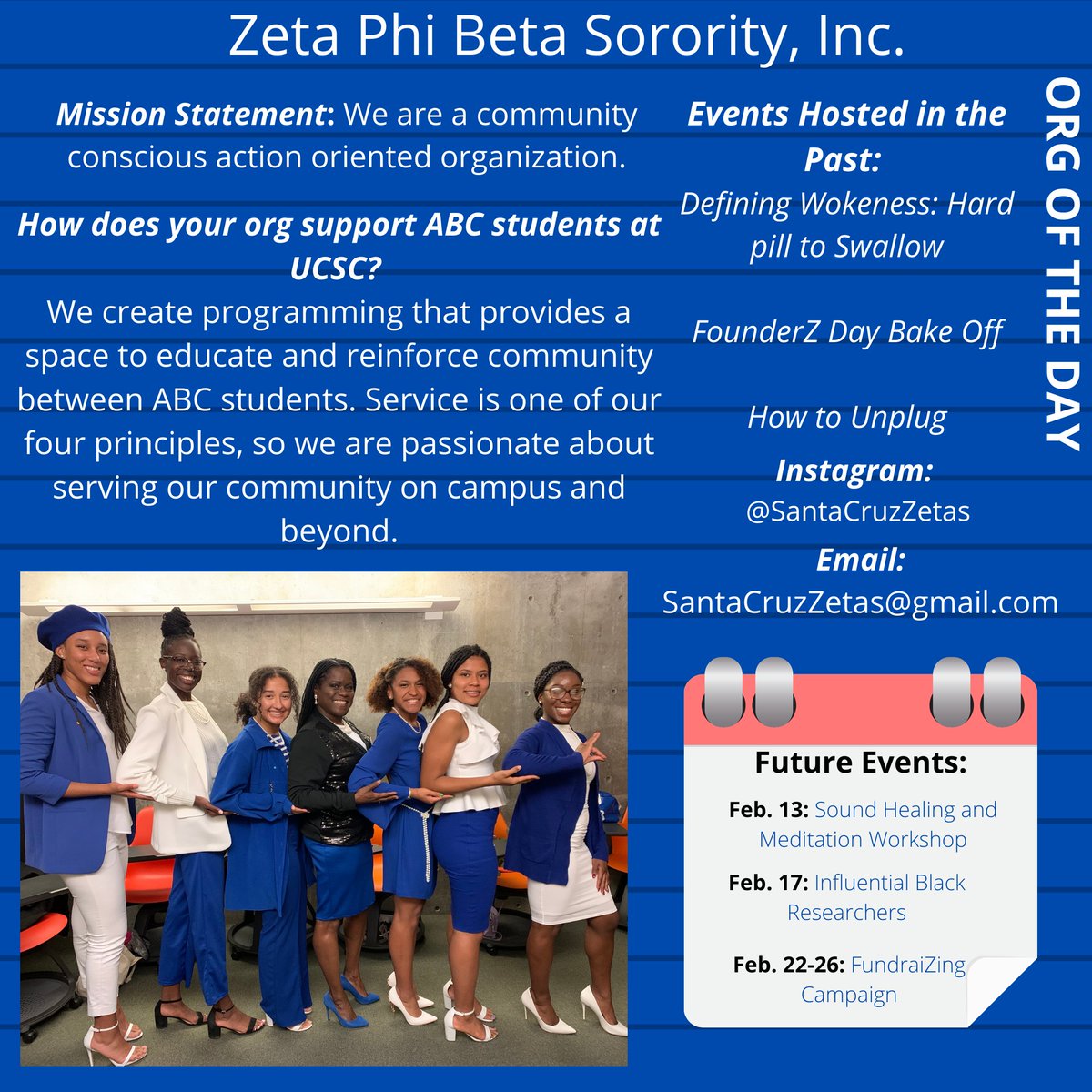 UCSCAARCC's tweet photo. We at the AARCC want to celebrate and highlight our ABC Student Orgs for all the work they have done to help the black community! With that being said, Today we are highlighting Zeta Phi Beta Sorority, Inc. Please check them out and give them some love!! https://t.co/Cwjhh0XBSx