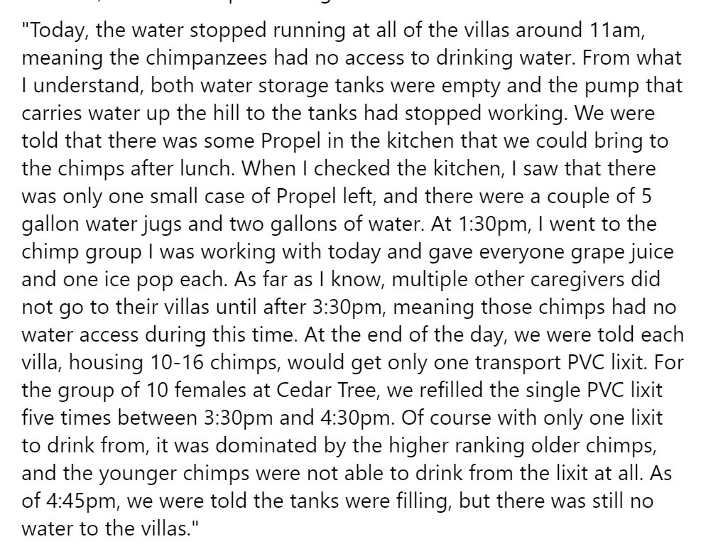 CrystalAlba1's tweet photo. Since 2017, water stopped working at #ProjectChimps many times. The chimps had no drinking water. A gallon pvc tube for 14-20 chimps to share was hung on the mesh. See images for caregiver accounts. @HumaneSociety funds PC with millions. Why does this happen? #ChimpsDeserveBetter https://t.co/ya6e66DYra