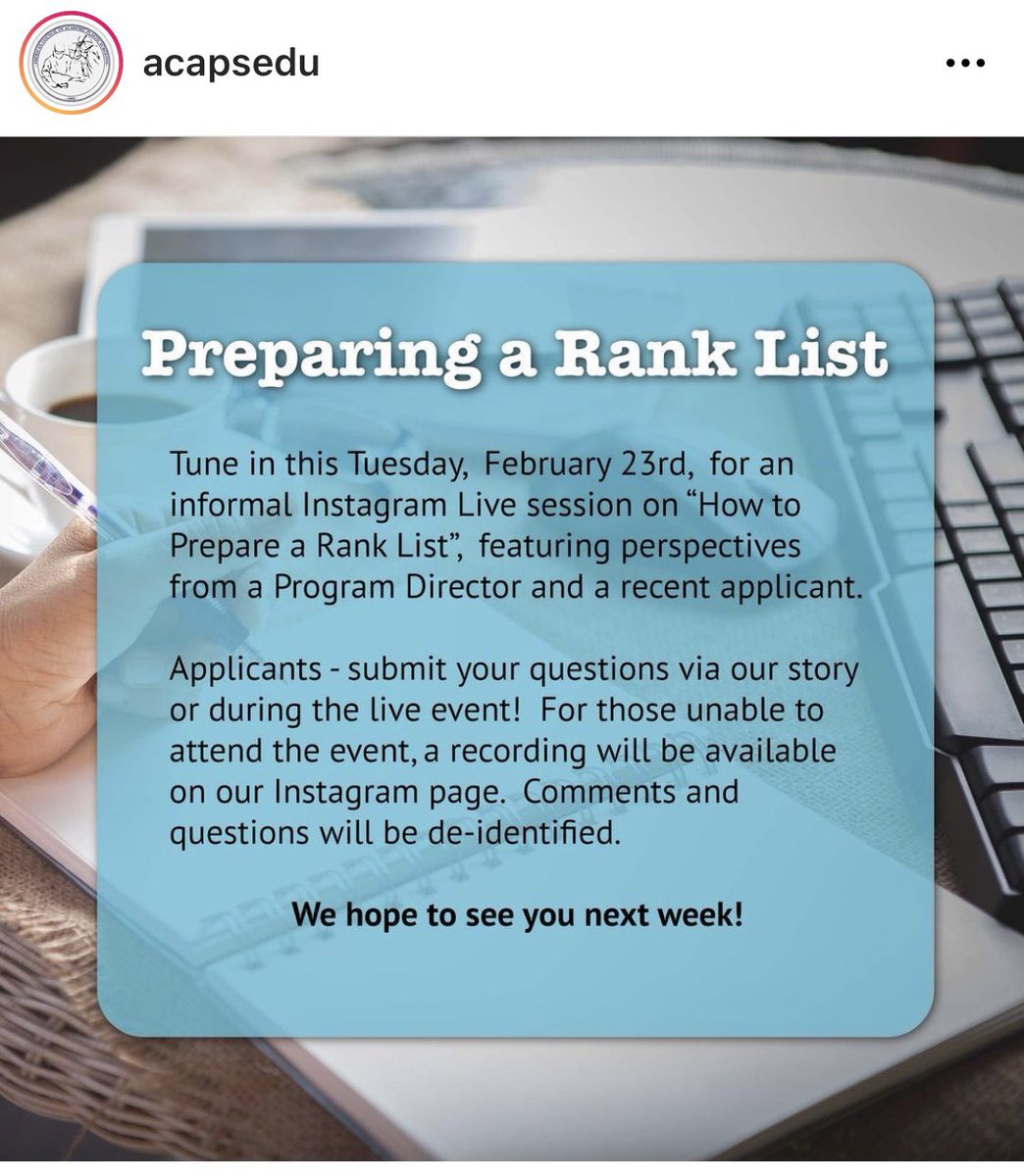 For students in the residency application process this year, check out our IG live rank list preparation discussion next week! Tune in and bring your questions! @ACAPSedu #plasticsurgery #residencymatch #ranklist