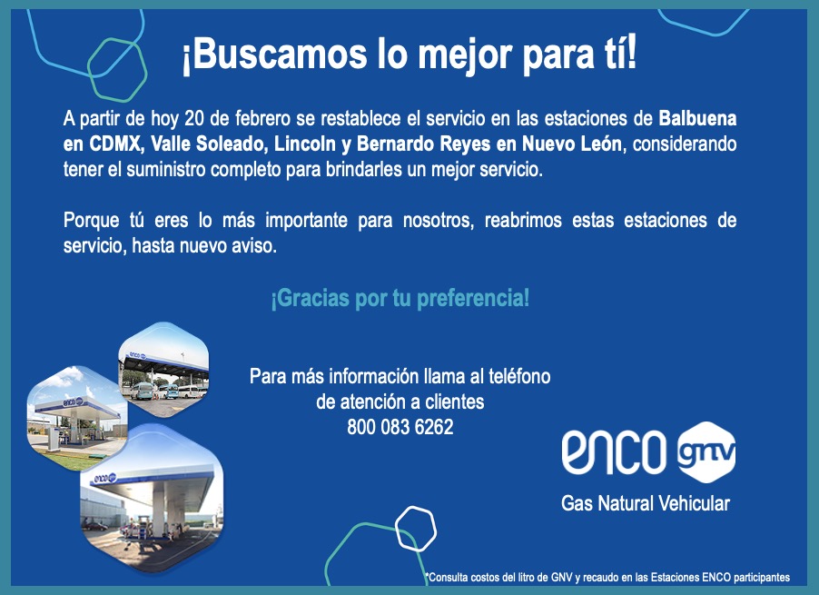 📣 ¡Atención familia ENCO! 😃🙌 se reestablece el servicio en las estaciones:  

📍 Balbuena (CDMX) 
📍 Valle Soleado (Nuevo León)
📍 Lincoln (Nuevo León)
📍 Bernardo Reyes (Nuevo León)