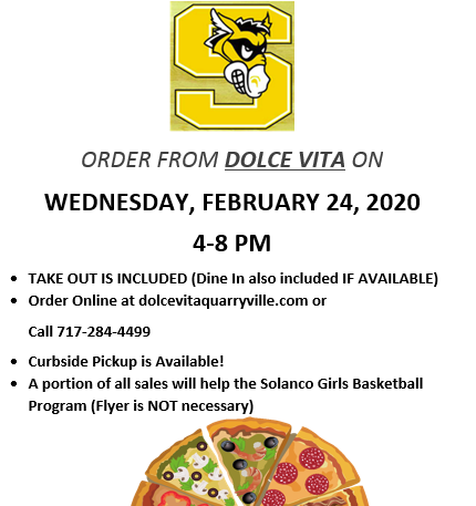 SolancoB's tweet photo. Pizza, Subs, Salads, etc...we have you covered on Wed. Feb. 24th ... Solanco GBB and Dolce Vita Pizzeria teaming up once again to take care of your dinner needs. Come get takeout, curbside pickup, online ordering or limited in person dining.   See you Wednesday from 4-8 p.m. https://t.co/u8uDINaH0B
