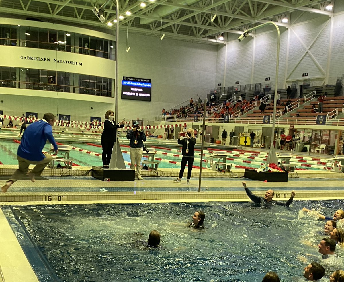 GregSankey's tweet photo. Pool party for the 2021 @SEC Women’s Champion @UKSwimDive with @UKMitchBarnhart making the commitment to swim! https://t.co/bs49VjVzFj