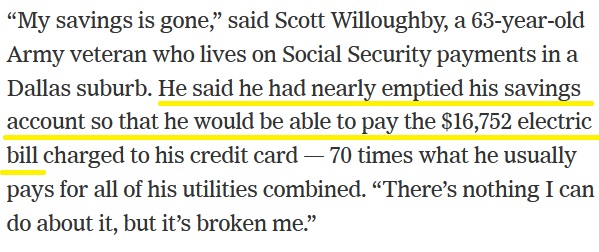 peterdaou's tweet photo. F*CK THIS SYSTEM

This is one of the most unbelievable passages I've ever read.

A $16,752 electric bill for a 63-year-old retiree, bankrupting him. Just to survive a storm in the richest country on earth. https://t.co/vxzGwgdYxC