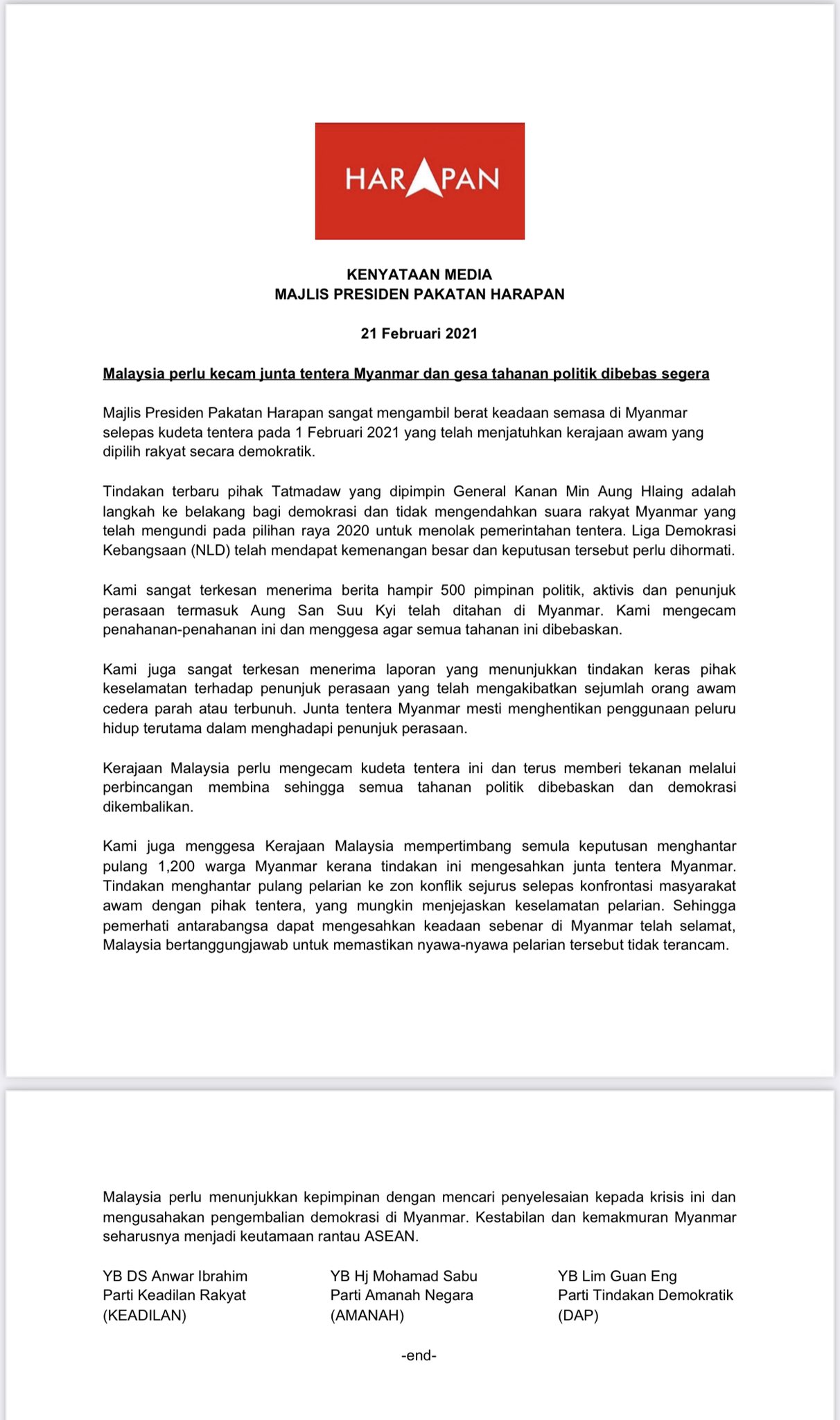 Pakatan Harapan On Twitter Kenyataan Media Majlis Presiden Berkenaan Isu Myanmar Malaysia Perlu Kecam Junta Gesa Tahanan Politik Dibebas Segera Anwaribrahim Msabu Official Guanenglim Https T Co Aalxdad2xb Twitter