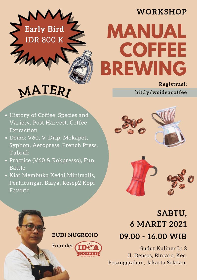 Registrasi workshop coffee brewing scr offline 6 Maret 2021 di bit.ly/wsideacoffee