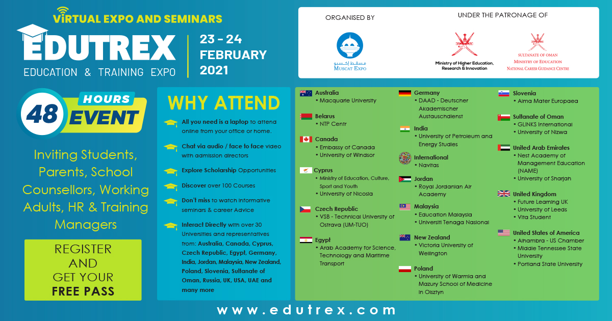 melexpo's tweet photo. We are pleased to invite you to EDUTREX - Education and Training Exhibition - Virtual Expo and Seminars, taking place from 23 - 24 February  2021. for more information: https://t.co/LuRoJIoxb7

To Register for the event: https://t.co/PaiBZ1PvIr https://t.co/76w1cyNma7