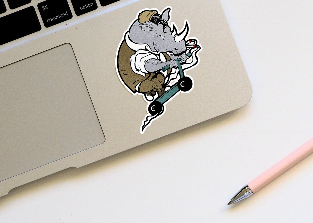 ramial26's tweet photo. this time the mascot design. the rhino mascot I mocked onto the sticker.

#stickers #mockupdesign #animals #mascotdesign #cartoon #characterdesign https://t.co/130cetBLr3