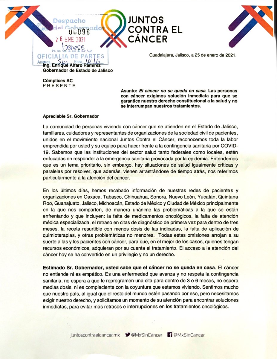 Sr. Gob <a href="/EnriqueAlfaroR/">Enrique Alfaro</a>  el pasado 26 junio 2020 enviamos esto facebook.com/10020109011194… por redes sociales enviamos un documento para sumar esfuerzos  @complicesac y <a href="/MxSinCancer/">Juntos Contra el Cáncer</a> pero no tuvimos respuesta, el 26.01.2021 entregamos en físico y seguimos igual sin respuesta. <a href="/uicc/">Union for International #CancerControl</a>