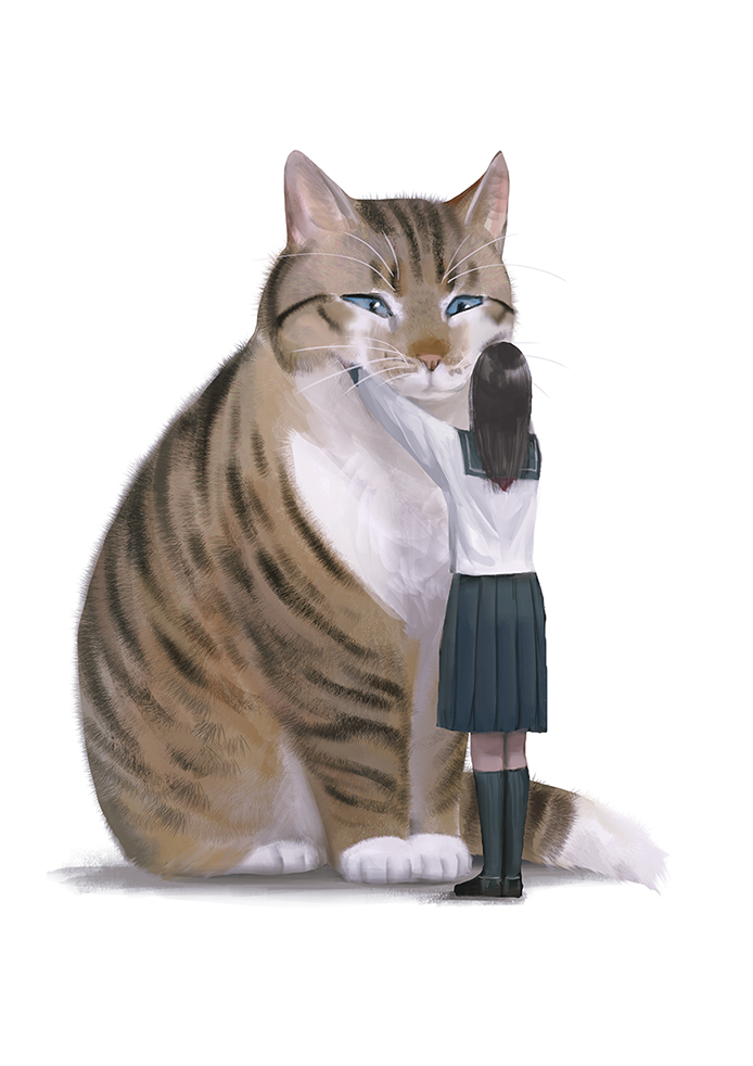 1girl oversized animal skirt school uniform white background cat long hair  illustration images