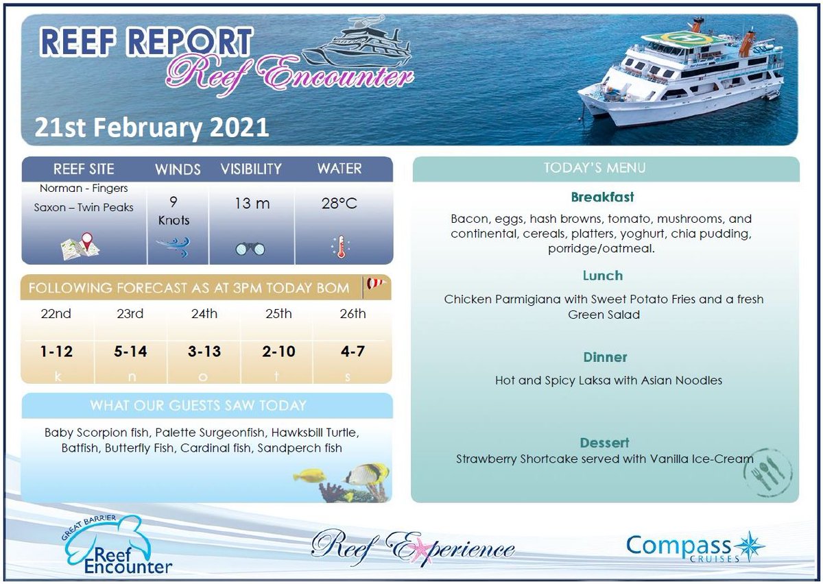 Reef Encounter Reef Report coming to you LIVE from the #GreatBarrier#Reef 
l8r.it/eGTg (07)4037 2700 
#reefencounter #floatinghotel #sleeponthereef #bestcrewonthereef #holidayherethisyear #greatbarrierreeftours #coral #snorkel #dive #scubadive #travel #explore