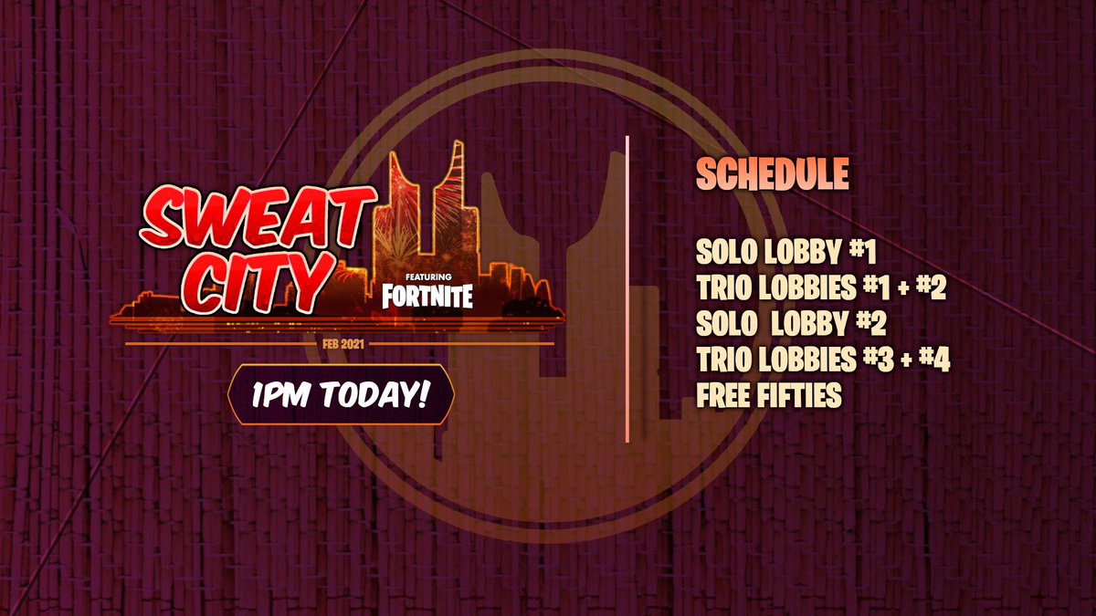 Sweat City at 1PM SGT Twitch.Tv/EsportsCentreO… 

Arena Trios (4 Lobbies)
1st Place $150 
2nd Place $60

Arena Solos (2 Lobbies)
1st Place $40
2nd Place $20

(Prizes are for EACH lobby)

4 Free Fifties >> Viewers 1v1 <a href="/LysanderXonora/">Lysander Xonora</a> for $50