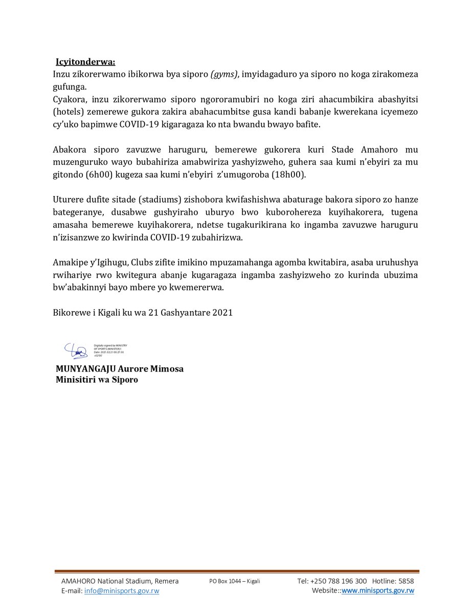 Rwanda_Sports's tweet photo. Hashingiwe ku myanzuro y’Inama y’Abaminisitiri yo ku wa 19/2/2021, #MINISPORTS iramenyesha abantu bose ko ibikorwa bya siporo byemerewe gusubukurwa ari ibikorwa bya siporo ikorwa n’umuntu ku giti cye n’izikorerwa hanze abantu bategeranye nk’uko bikubiye mu mabwiriza akurikira: https://t.co/VRL5Yh7Bsq