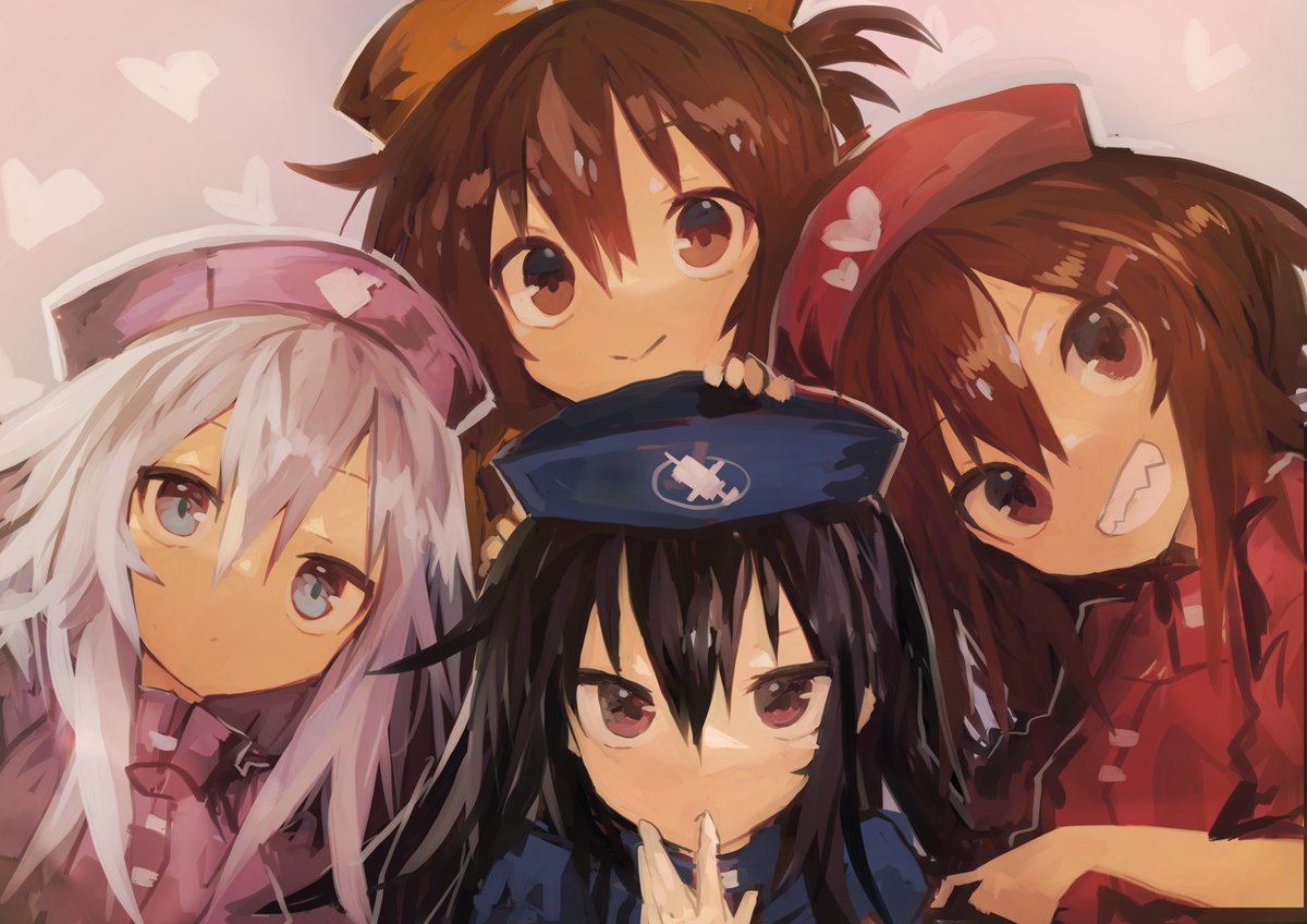 akatsuki (kancolle) ,hibiki (kancolle) ,ikazuchi (kancolle) ,inazuma (kancolle) 4girls multiple girls hat brown hair nurse cap long hair blue eyes  illustration images