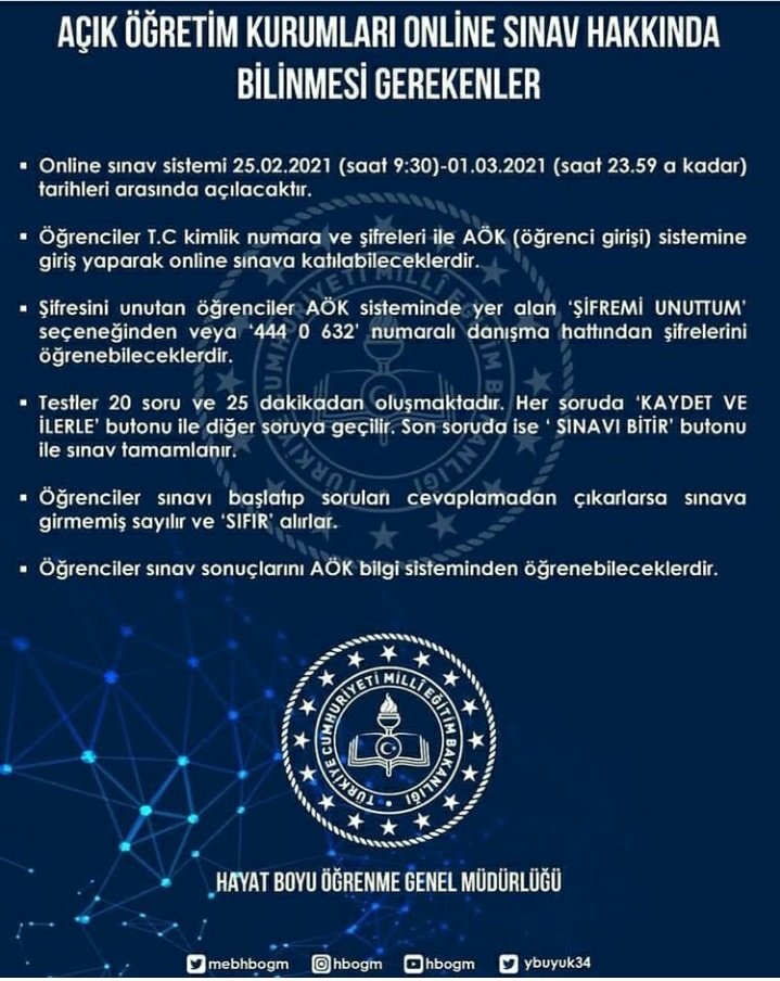 Bayındır HEM olarak,Açık Öğretim Kurumları Online Sınavlara gideceklere başarılar dileriz.  
#HerzamanHeryerdeHerkeseEğitim
<a href="/ziyaselcuk/">Ziya Selçuk</a> <a href="/tcmeb/">Millî Eğitim Bakanlığı</a> <a href="/ybuyuk34/">Yusuf BÜYÜK</a> <a href="/mebhbogm/">MEB Hayat Boyu Öğrenme Genel Müdürlüğü</a> @hayatboyuailesi <a href="/yahsiomer/">Dr. Ömer YAHŞİ</a> <a href="/izmir_ilmem/">İzmir İl Milli Eğitim Müdürlüğü</a> <a href="/ilkererarslan/">İlker ERARSLAN</a> @salih_guven_ <a href="/Bayindirilcemem/">Bayındır İlçe Milli Eğitim Müdürlüğü</a> <a href="/ilhanozturk37/">İlhan ÖZTÜRK</a> @RhemNd