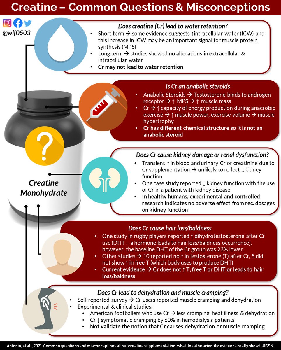 weelunfoo's tweet image. Antonio et al. (2021) Common questions and misconceptions about creatine supplementation: what does the scientific evidence really show? | JISSN

Link: jissn.biomedcentral.com/articles/10.11…

#creatine #myths #female #older #cramp #kidney #water #adolescent #hairloss #sports